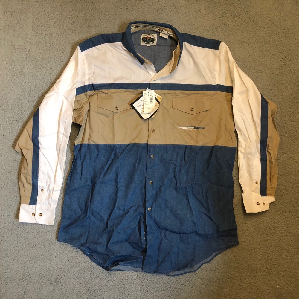 Cumberland Outfitters Mens XL Colorblock Western Denim Shirt Khaki White Blue NW